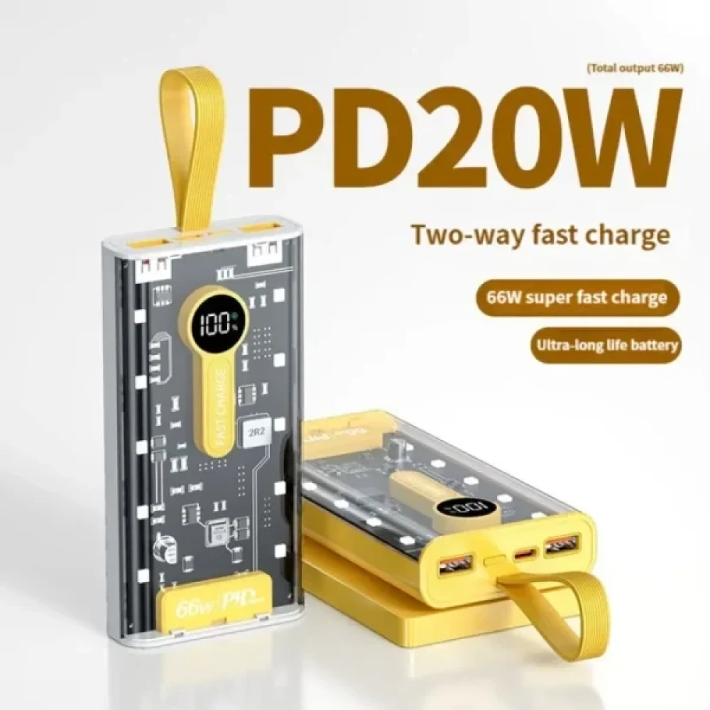 20000mah 66W Transparent Power Bank Portable Fast Charging PD 22W External Battery Charger Powerbank For Iphone Xiaomi